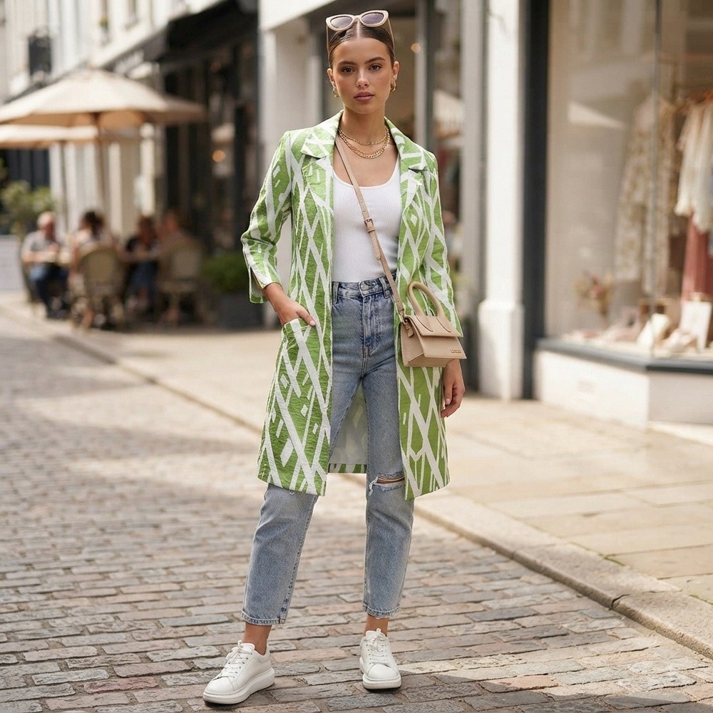 The Look Green Textured Open Front Duster Geometric Print Small Excellent